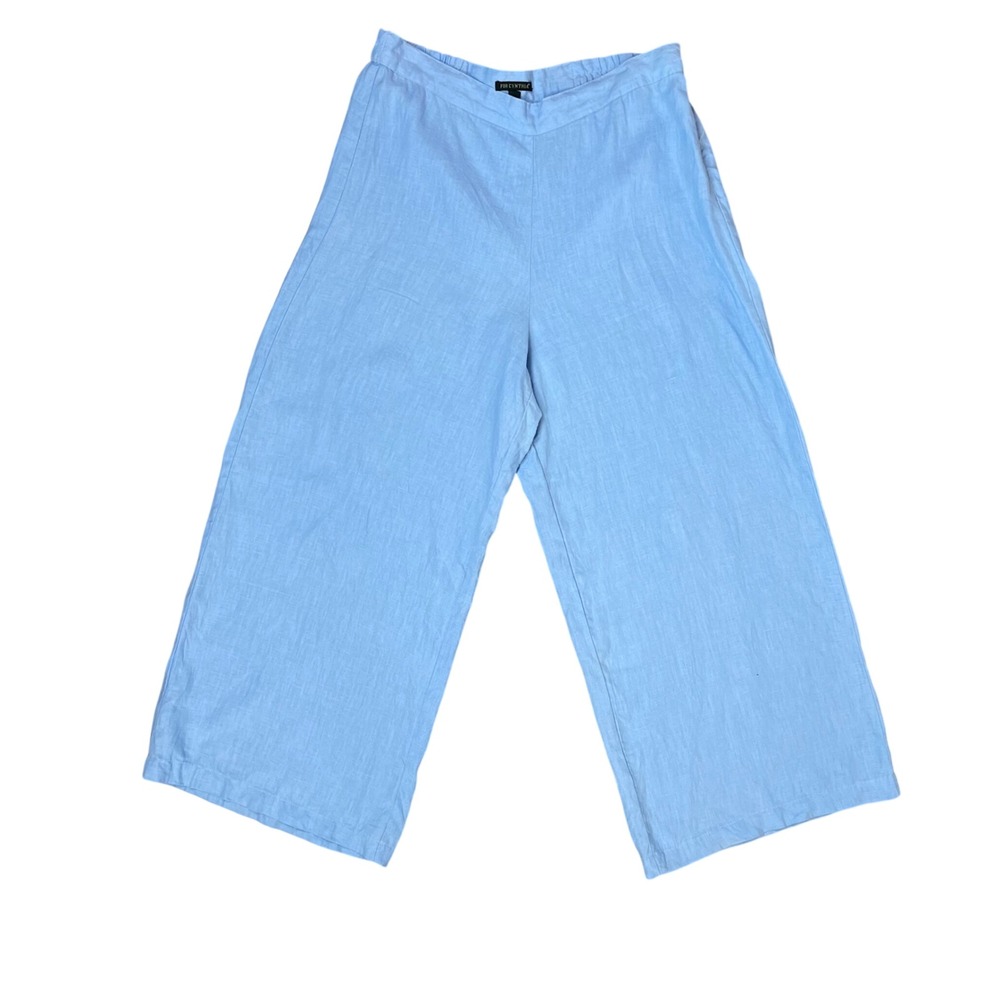 For Cynthia Womens Light Blue 100% Linen Wide Leg Pants Large Elastic Coastal